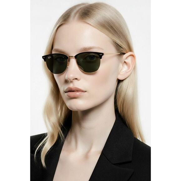 NWT Ray-Ban Clubround RB4246 Black Gold  Green Lens 49mm Unisex Sunglasses Italy main image 4